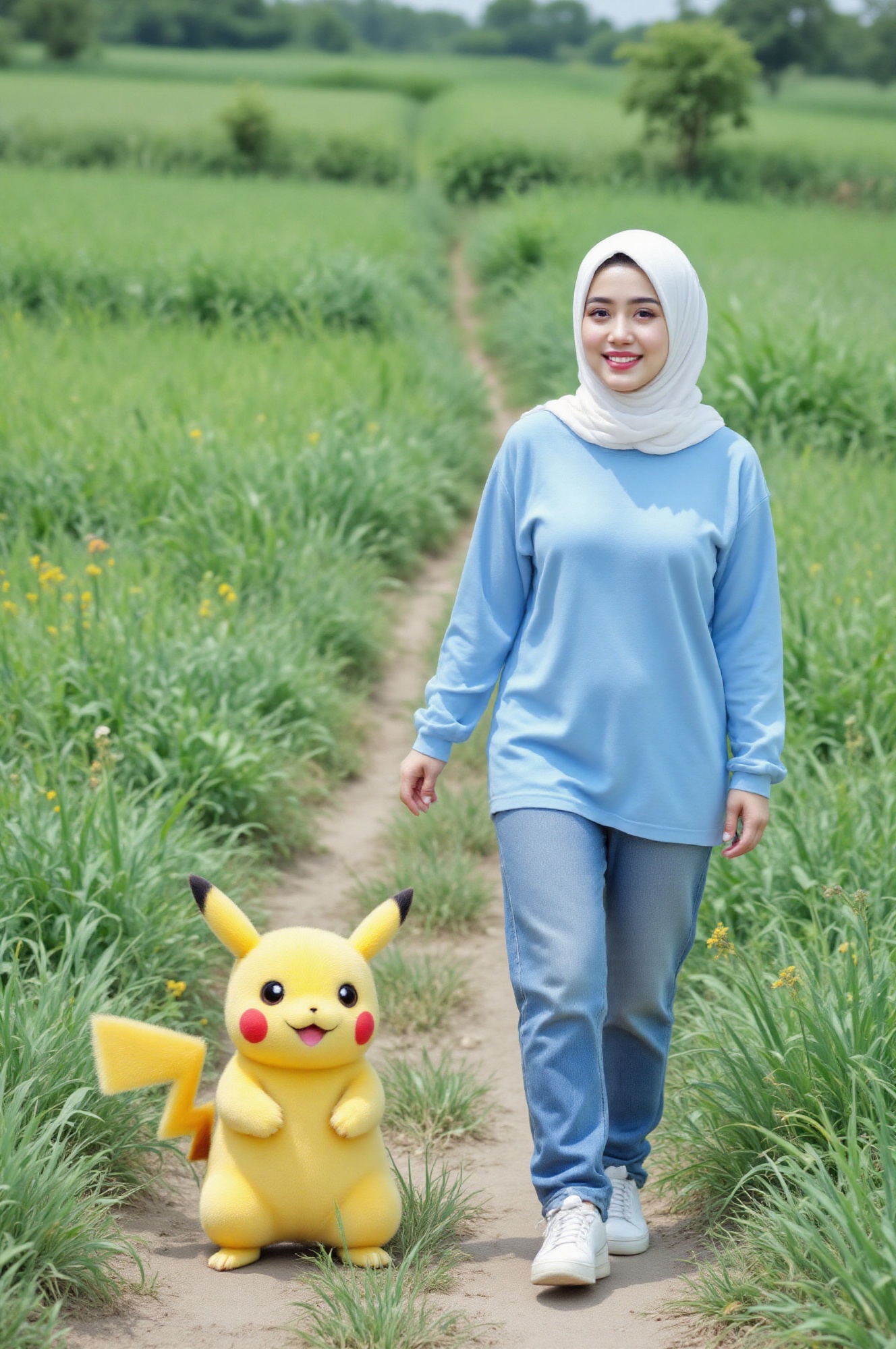 hijjab Malay young woman walking with pikachu on the pathway at the paddy field near a Malay village. wearing white hijab,...