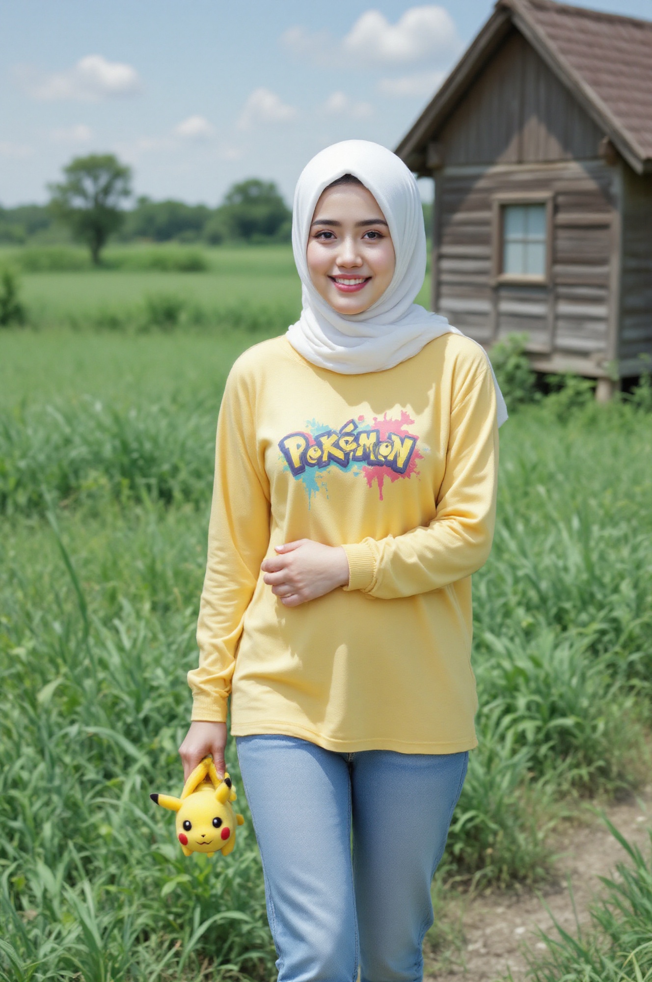 head portrait of a hijab Malay young woman carrying pikachu while walking on the pathway at the paddy field near a rustic...