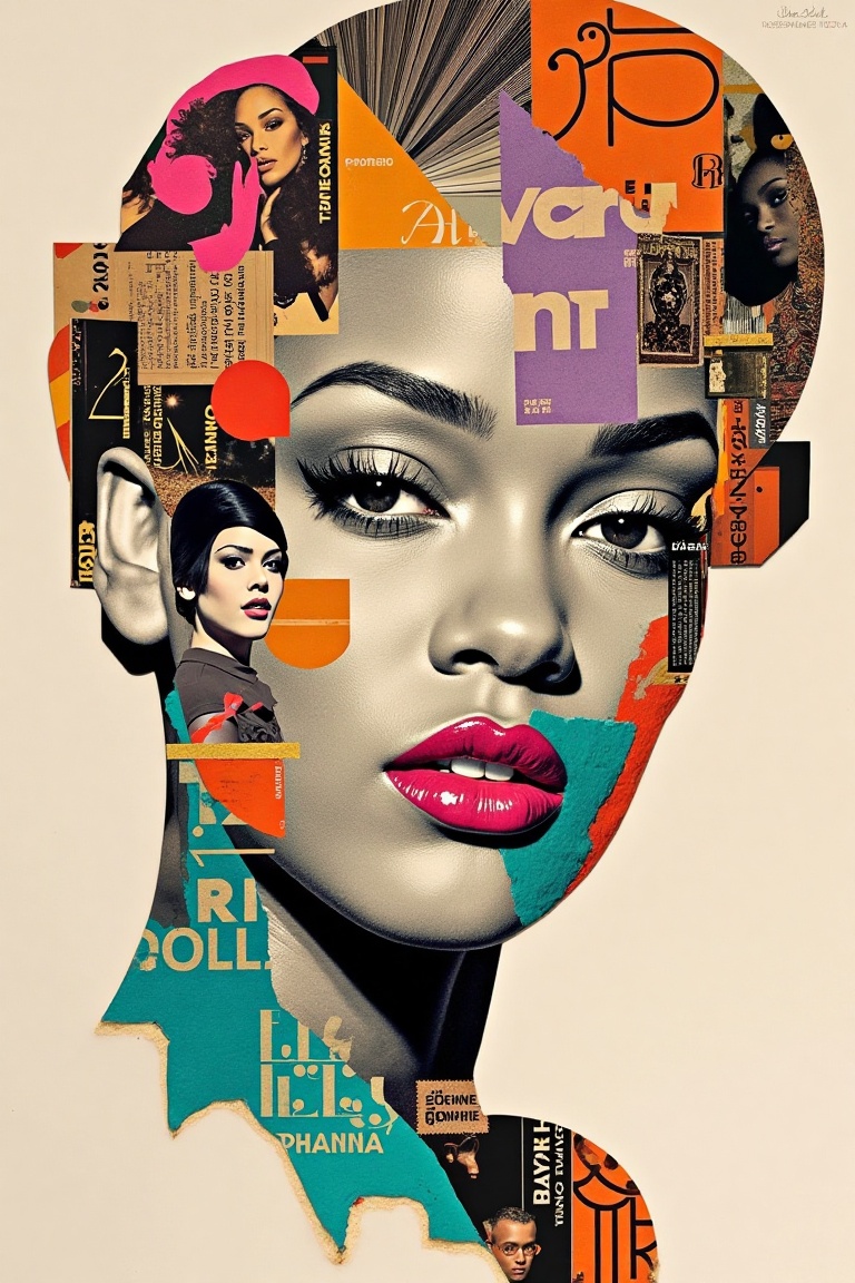 Rihanna's iconic face silhouette formed by a mixed-media collage,  a kaleidoscope of vibrant colors,  textures on Tensor.Art