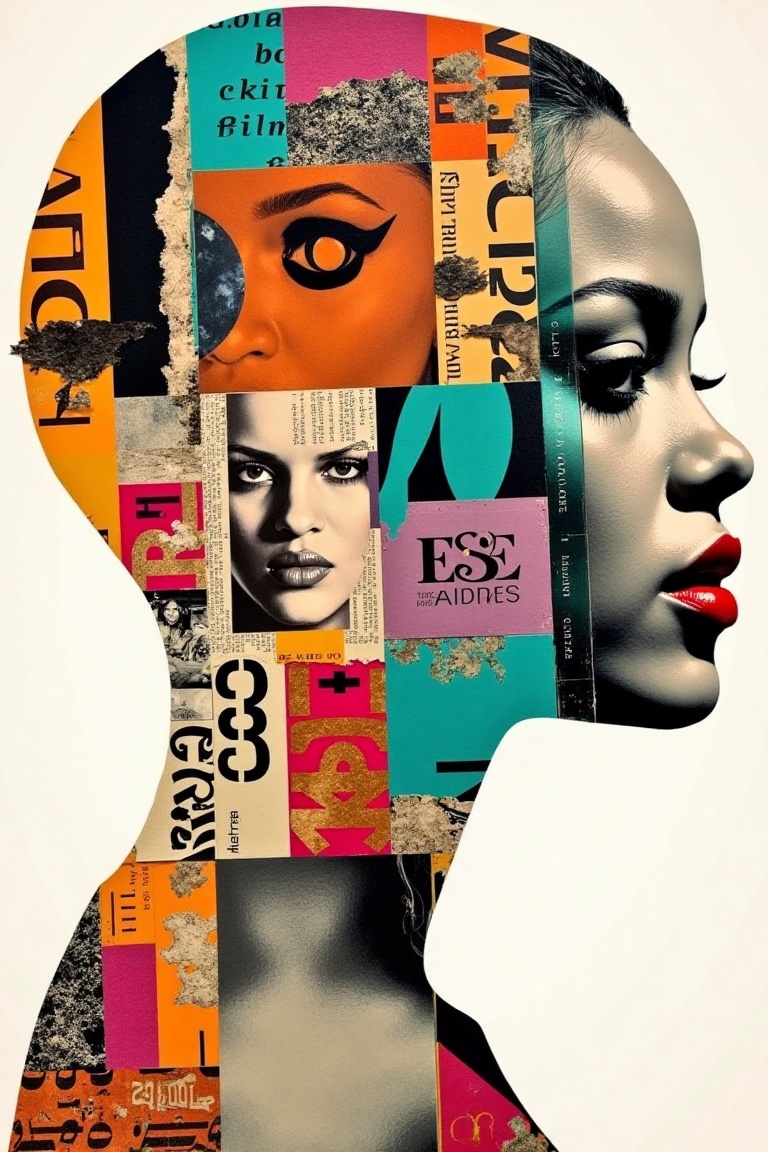 Rihanna's iconic face silhouette formed by a mixed-media collage,  a kaleidoscope of vibrant colors,  textures on Tensor.Art
