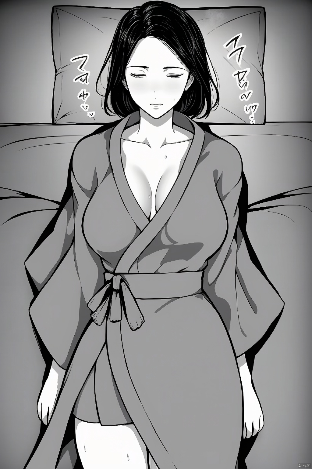  1girl solo breasts large breasts cleavage closed mouth collarbone monochrome closed eyes greyscale sweat lying japanese clothes on back pillow sleeping bathrobe

