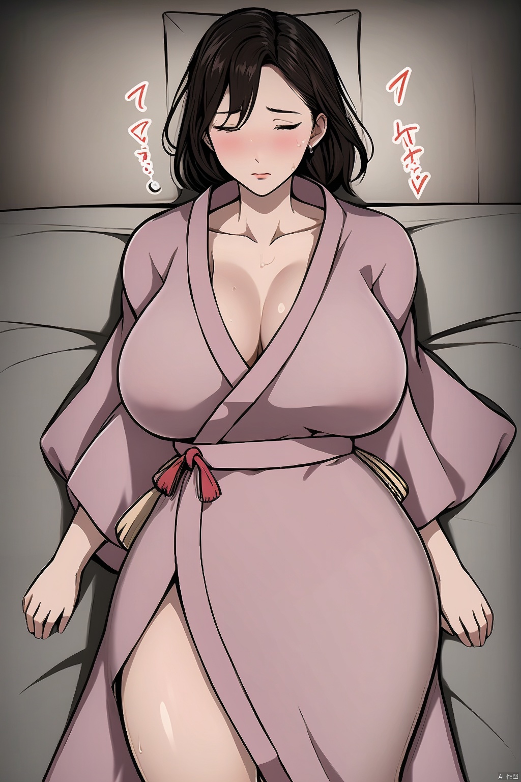  1girl solo breasts large breasts cleavage closed mouth collarbone closed eyes  sweat lying japanese clothes on back pillow sleeping bathrobe


