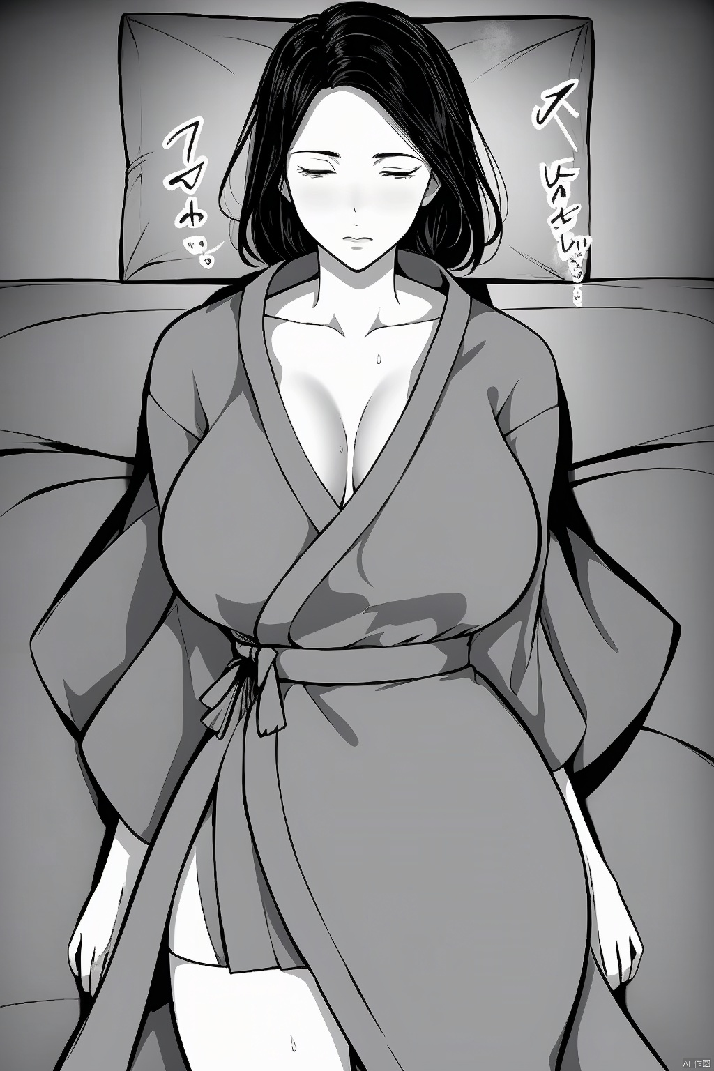  1girl solo breasts large breasts cleavage closed mouth collarbone monochrome closed eyes greyscale sweat lying japanese clothes on back pillow sleeping bathrobe


