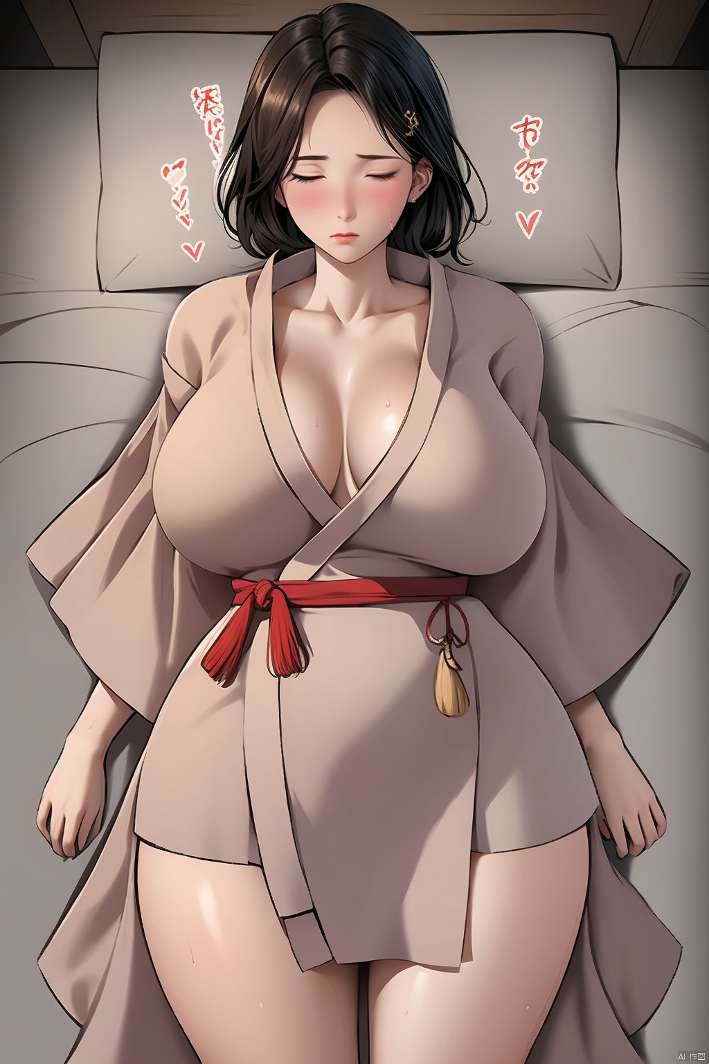  1girl solo breasts large breasts cleavage closed mouth collarbone closed eyes  sweat lying japanese clothes on back pillow sleeping bathrobe

