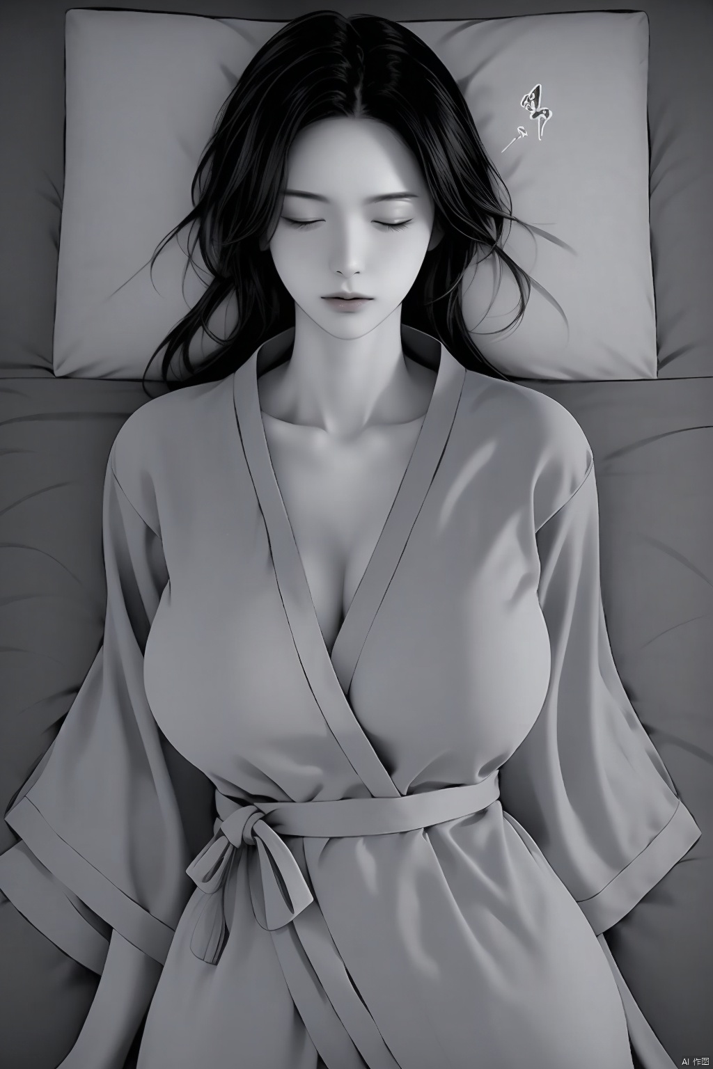  1girl solo breasts large breasts cleavage closed mouth collarbone monochrome closed eyes greyscale sweat lying japanese clothes on back pillow sleeping bathrobe

