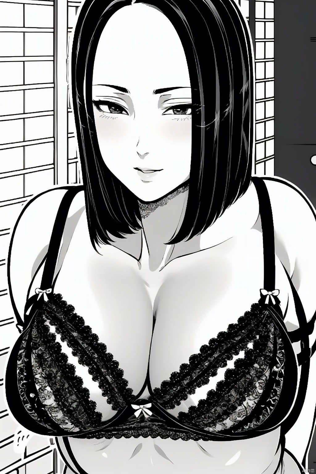  1girl
solo
breasts
smile
short hair
large breasts
navel
cleavage
bare shoulders
underwear
collarbone
monochrome
greyscale
heart
medium hair
bra
arms behind back
lace trim
lace