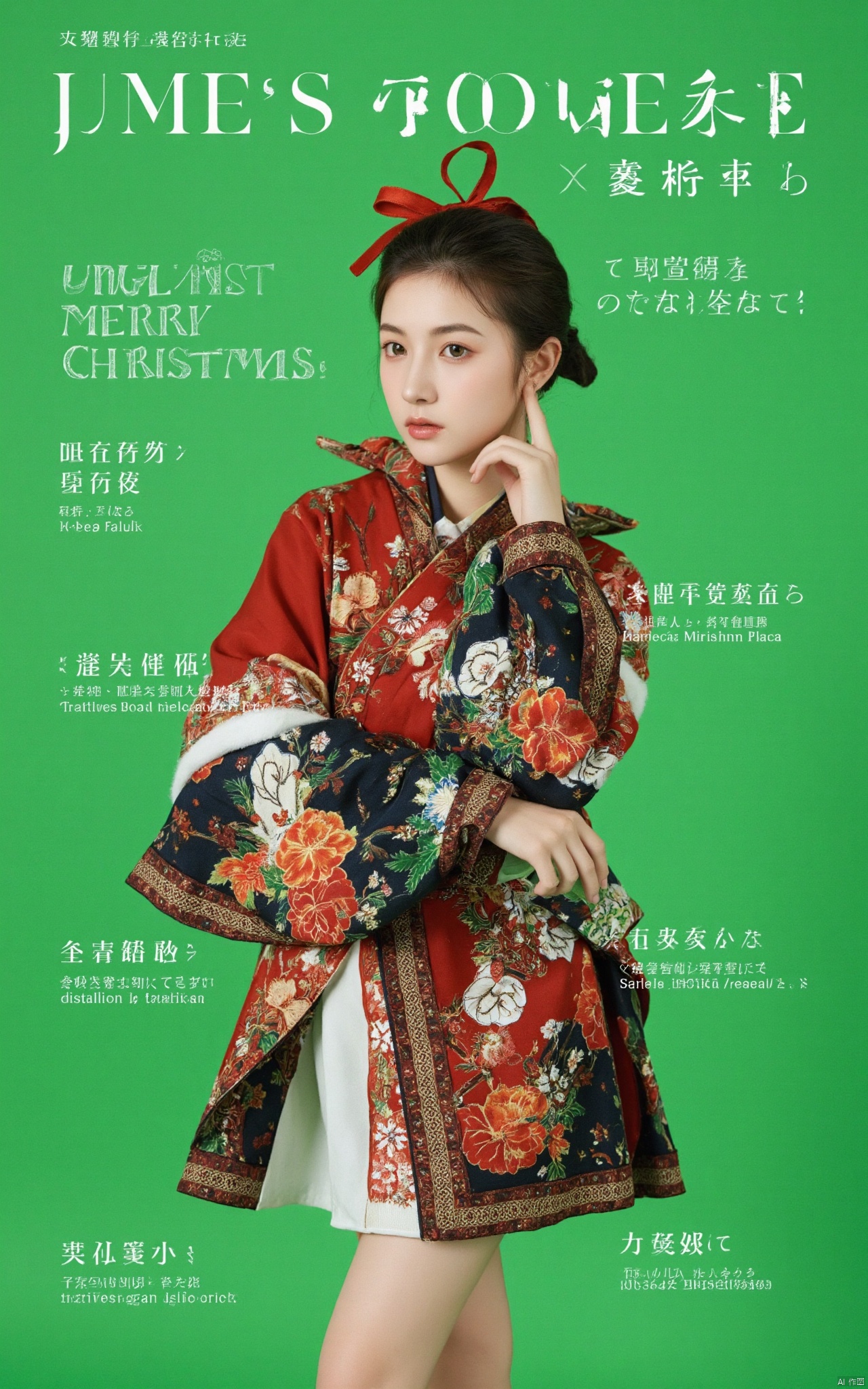 This is the cover of a high fashion magazine featuring a full body shot of a beautiful young Christmas girl dressed in a sophisticated Christmas outfit with a modern twist. Standing gracefully, she exudes confidence and elegance, her delicate features softly highlighted. Displaying intricate patterns, rich colors, and elegant details, the Christmas costume embodies a harmonious blend of traditional Japanese style and modern fashion. Her pose is dignified and poised, reflecting cultural elegance and modern sophistication. The background is a bright green color with magazine-quality professional lighting that enhances the realistic texture of her skin and the luxurious quality of her kimono. The cover displays striking and stylish magazine text horizontally, including the title in an elegant font: **"MERRY CHRISTMAS"** at the top. Other headlines include: - **"HUBG FLUX.1: Celebrate Christmas"** - **"The Art of Grace: Secrets to Timeless Beauty"** - **"Cultural Icon: Youth in Traditional Splendor"** The overall composition combines high-end fashion photography with captivating headlines that frame the model’s pose, highlighting her beauty, elegance, and cultural heritage. The cover reflects a sophisticated fusion of traditional Japanese aesthetics and modern fashion, embodying the Christmas Poster\(hubg style)\ for an impactful and visually stunning cover. 