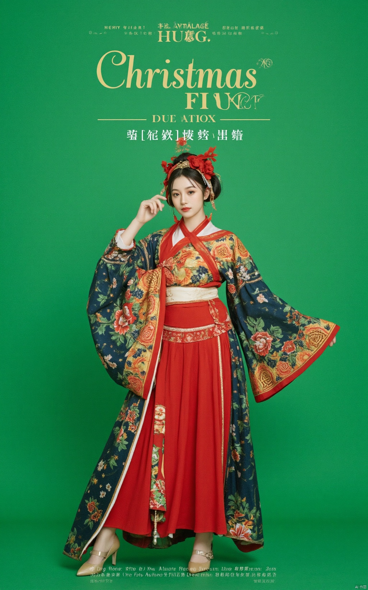 A picture of Christmas Poster\(hubg style)\.
This is the cover of a high fashion magazine featuring a full body shot of a beautiful young Christmas girl dressed in a sophisticated Christmas outfit with a modern twist. Standing gracefully, she exudes confidence and elegance, her delicate features softly highlighted. Displaying intricate patterns, rich colors, and elegant details, the Christmas costume embodies a harmonious blend of traditional fashion and modern fashion. Her pose is dignified and poised, reflecting cultural elegance and modern sophistication. The background is a bright green color with magazine-quality professional lighting that enhances the realistic texture of her skin and the luxurious quality of her kimono. The cover displays striking and stylish magazine text horizontally, including the title in an elegant font: **"MERRY CHRISTMAS"** at the top. Other headlines include: - **"HUBG FLUX.1: Celebrate Christmas"** - **"The Art of Grace: Secrets to Timeless Beauty"** - **"Cultural Icon: Youth in Traditional Splendor"** The overall composition combines high-end fashion photography with captivating headlines that frame the model’s pose, highlighting her beauty, elegance, and cultural heritage. The cover reflects a sophisticated fusion of traditional fashion and modern fashion, embodying the Christmas Poster\(hubg style)\ for an impactful and visually stunning cover. 