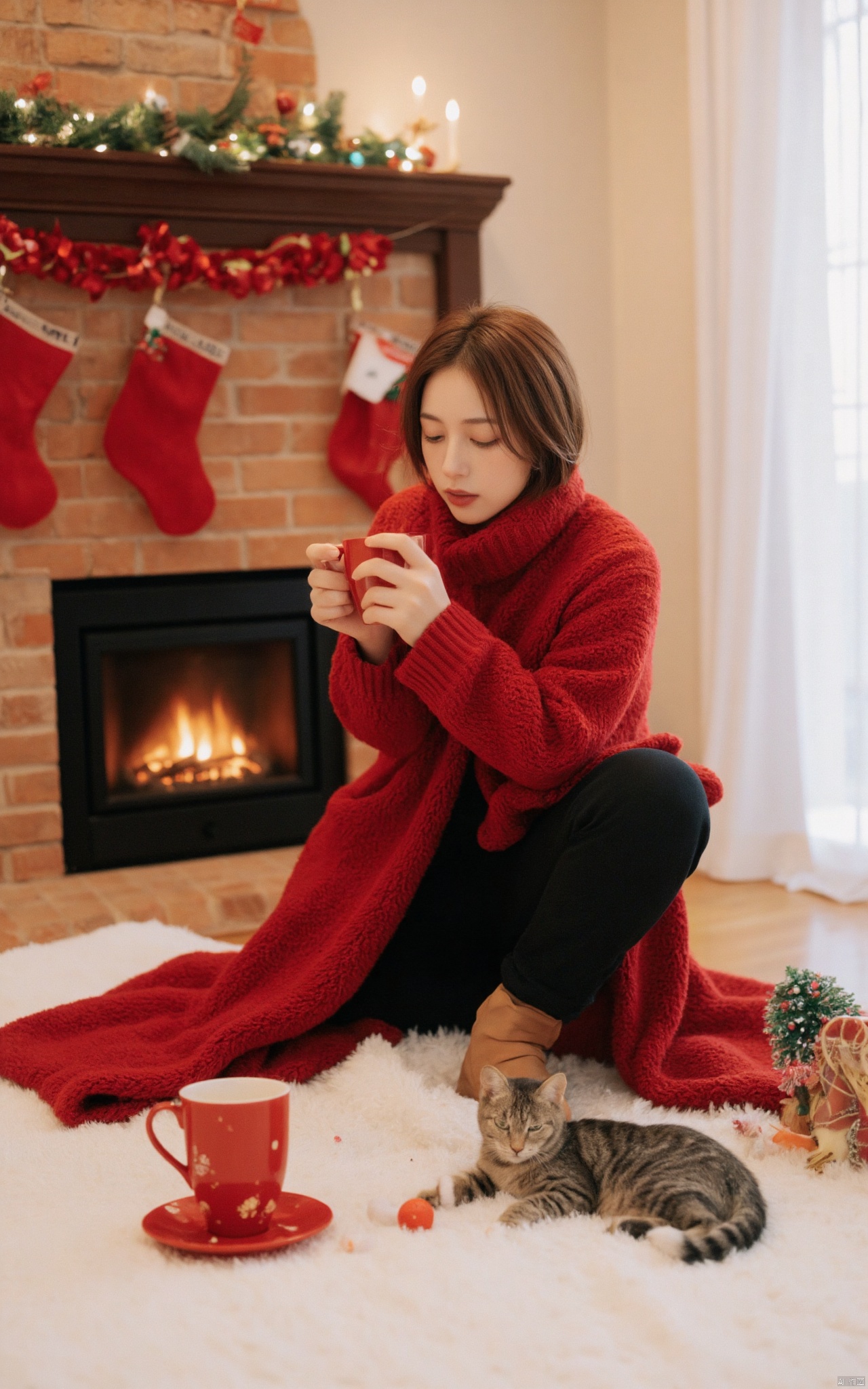 A picture of Christmas Poster\(hubg style)\.
Absolutely beautiful hubggirl, red and green theme, moving face, stylish and elegant full body photography.Christmas,Warm fireplace Asian beauty. Brown hair shawl,wearing a long red plush sweater,matching black leggings and brown boots. Sitting on a fleece blanket by the fireplace,with a cup of hot cocoa in hand,looking tenderly into the fire,with a sleepy cat beside you,radiates the quiet and warm Christmas atmosphere.