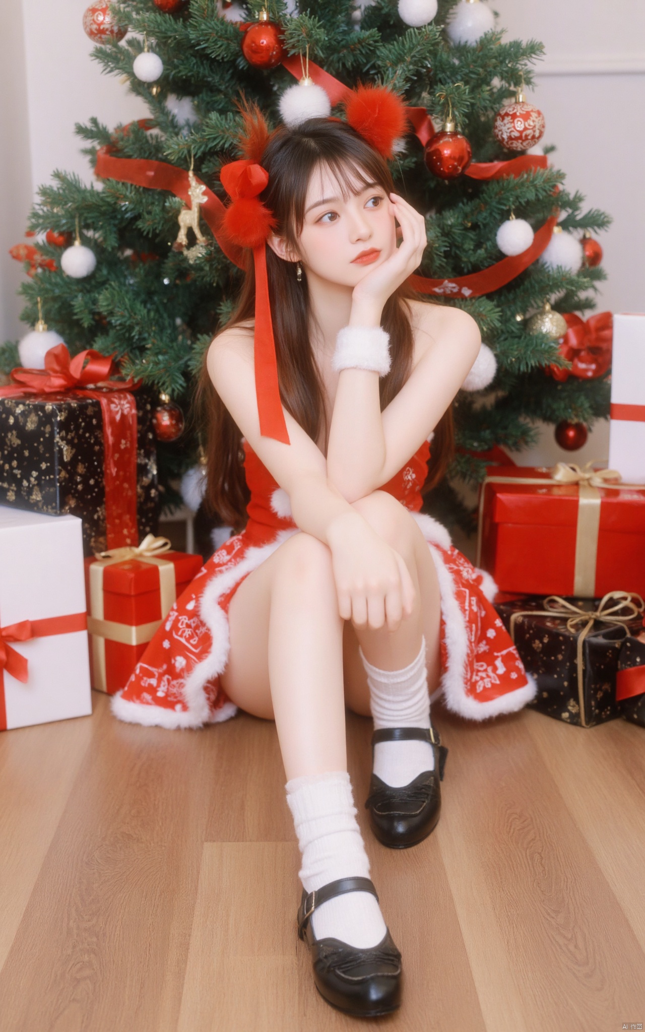 A picture of Christmas Poster\(hubg style)\.
this is a high-resolution photograph of a young, attractive asian woman with fair skin, sitting on a wooden floor in front of a decorated christmas tree. she has long, straight brown hair adorned with a red ribbon, and she is wearing a festive red and white santa claus outfit, featuring a strapless top and a short skirt trimmed with white fur. her outfit is completed with black mary jane shoes and white socks. the christmas tree behind her is adorned with red and white ornaments, a red ribbon, and a heart-shaped ornament at the top.
the woman is sitting with her legs crossed, looking pensively to the side, with one hand resting on her cheek. there are several wrapped gifts around her, some in black and white, some in red and white, with red bows. the gifts are scattered around her, adding to the festive atmosphere.