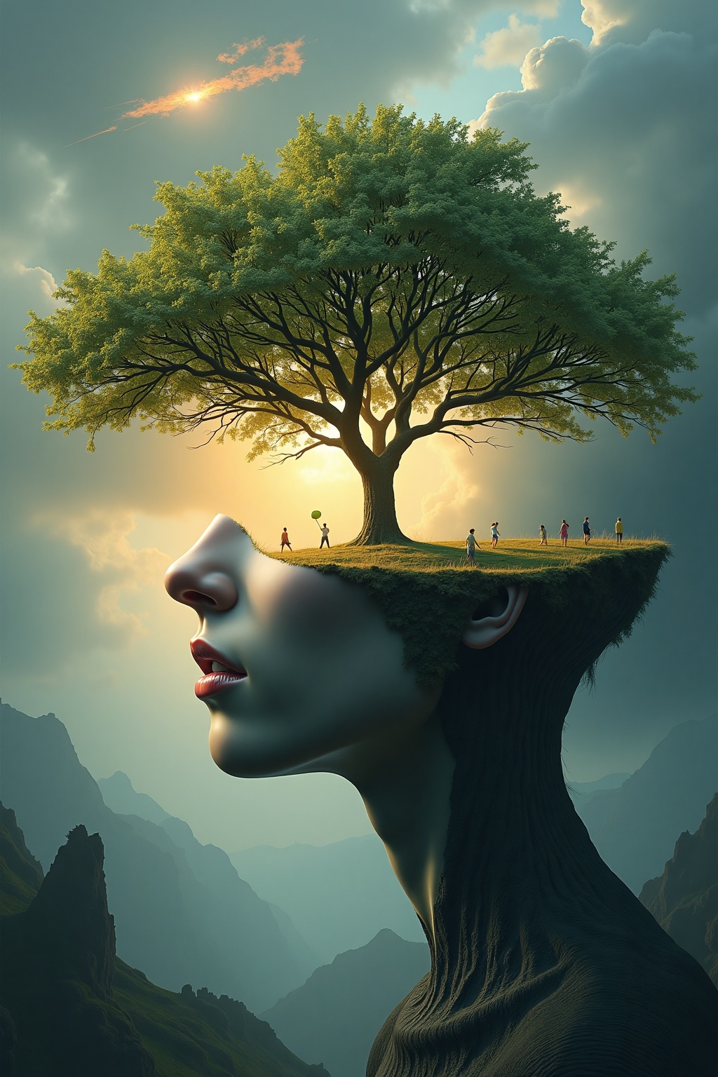 Surr3al_Art,  A close-up of a woman's face with a tree in the middle of it,  surreal art on Tensor.Art