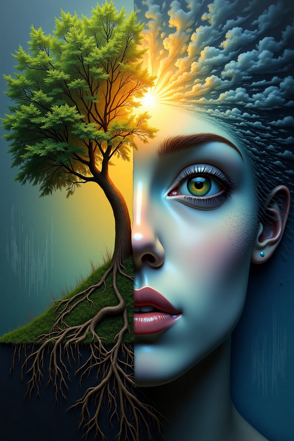 Surr3al_Art,  a face split in half. One side could represent a pained expression and the other a radiant,  contented face...
