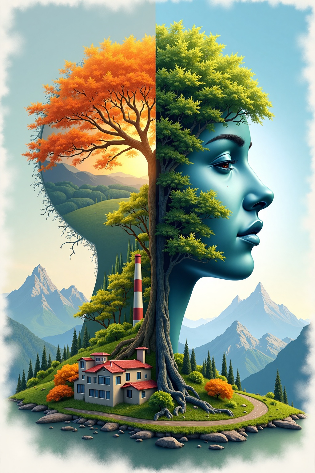 Surr3al_Art,  draw me a poster,  (portrait) Left side of the face is a healthy environment with beutifull landscape and fo...