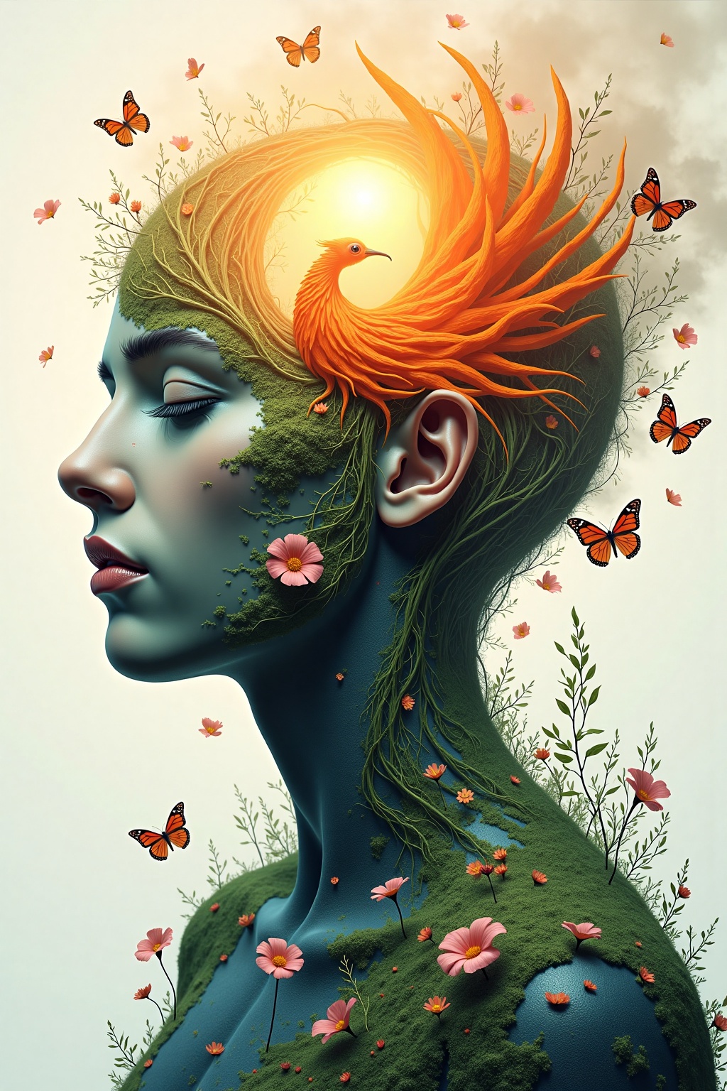 Surr3al_Art,  A person's head from which leaves come out instead of hair,  flowers on Tensor.Art