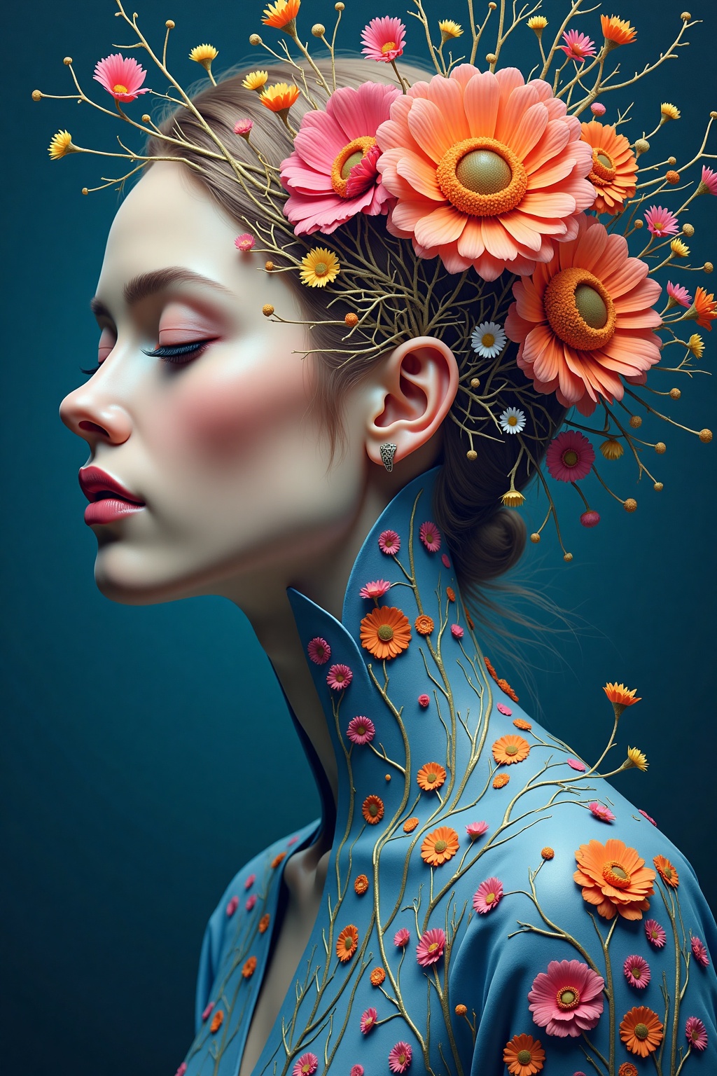 Surr3al_Art,  a close-up shot captures a woman's face,  adorned with a blue dress adorned with pink and orange flowers. Th...