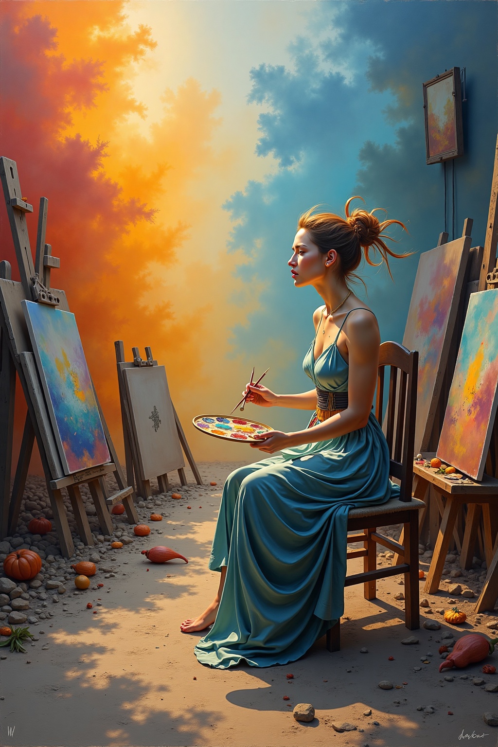 A mesmerizing painting of a creative female artist,  "Sozdatel,  " seated in a stunning on Tensor.Art