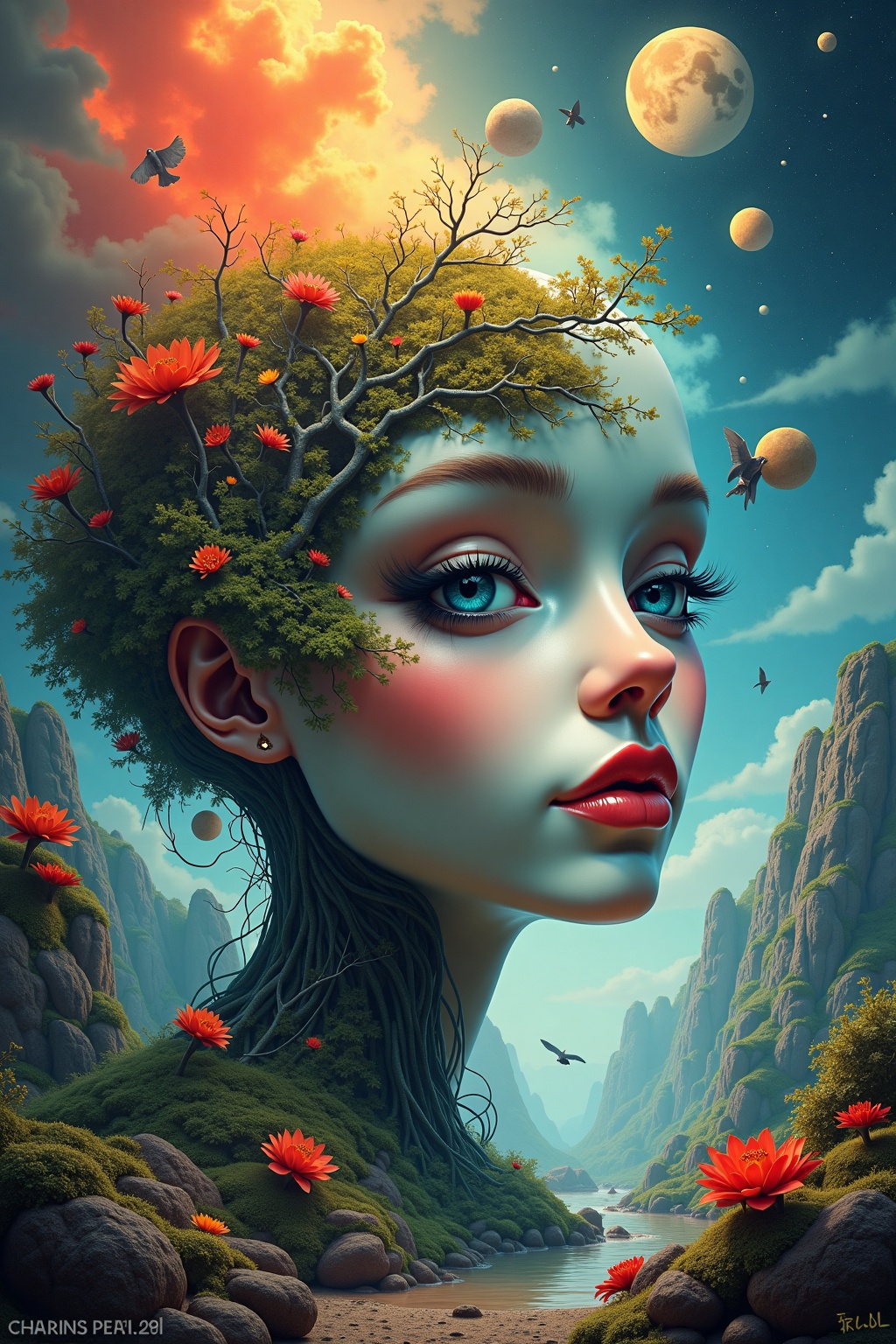 Surr3al_Art,  A surreal digital illustration featuring a human face merging seamlessly with an organic design. In the cent...