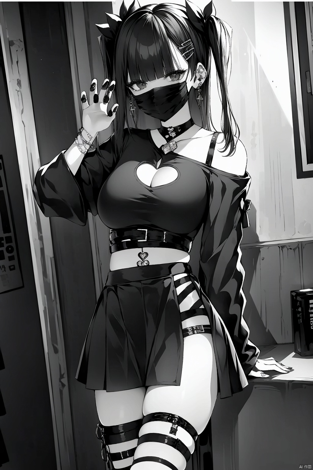1girl solo  looking at viewer bangs skirt shirt hair ornament thighhighs long sleeves bow cleavage twintails jewelry medium breasts standing collarbone monochrome hair bow greyscale heart earrings choker hairclip belt indoors hand up blunt bangs medium hair off shoulder nail polish two side up clothing cutout tattoo thigh strap mask piercing cleavage 