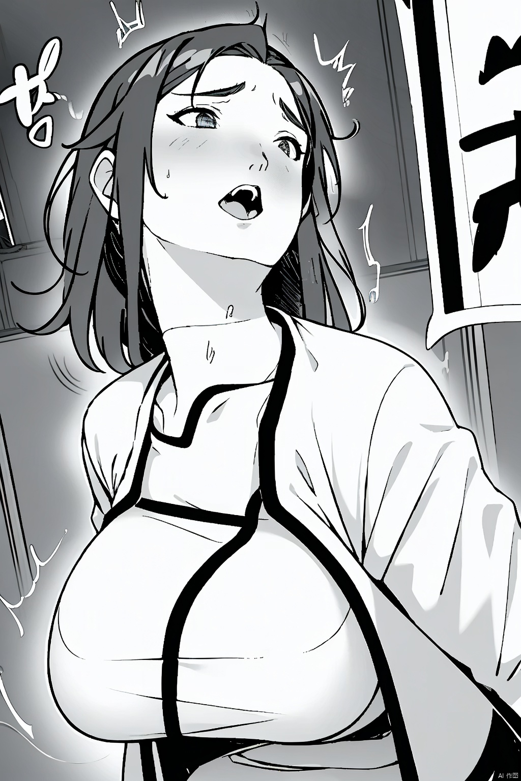1girl solo breasts blush open mouth large breasts collarbone monochrome closed eyes greyscale sweat medium hair mature female