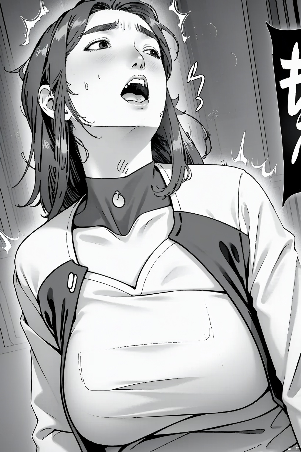 1girl solo breasts blush open mouth large breasts collarbone monochrome closed eyes greyscale sweat medium hair mature female