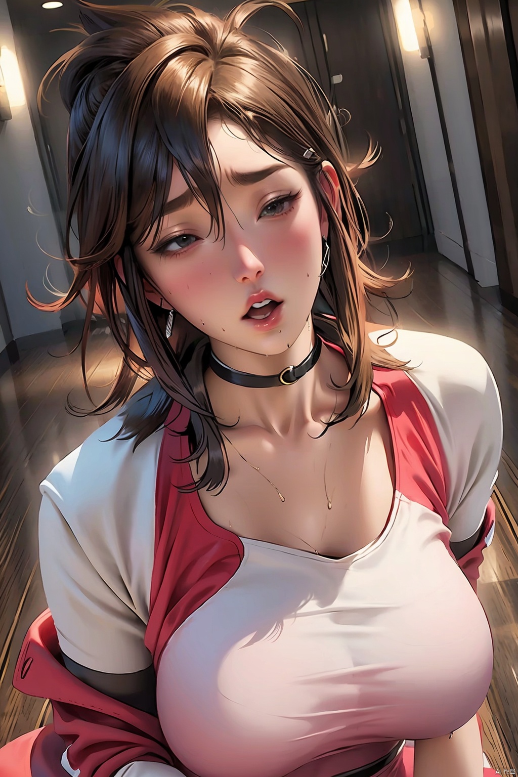 1girl solo breasts blush open mouth large breasts collarbone closed eyes  sweat medium hair mature female