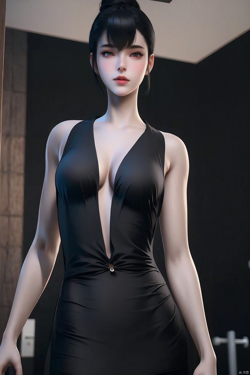 1girl
solo
breasts
looking at viewer
large breasts
black hair
dress
cleavage
bare shoulders
medium breasts
hair bun
black dress
lips
single hair bun
breasts apart
realistic
center opening
door
plunging neckline