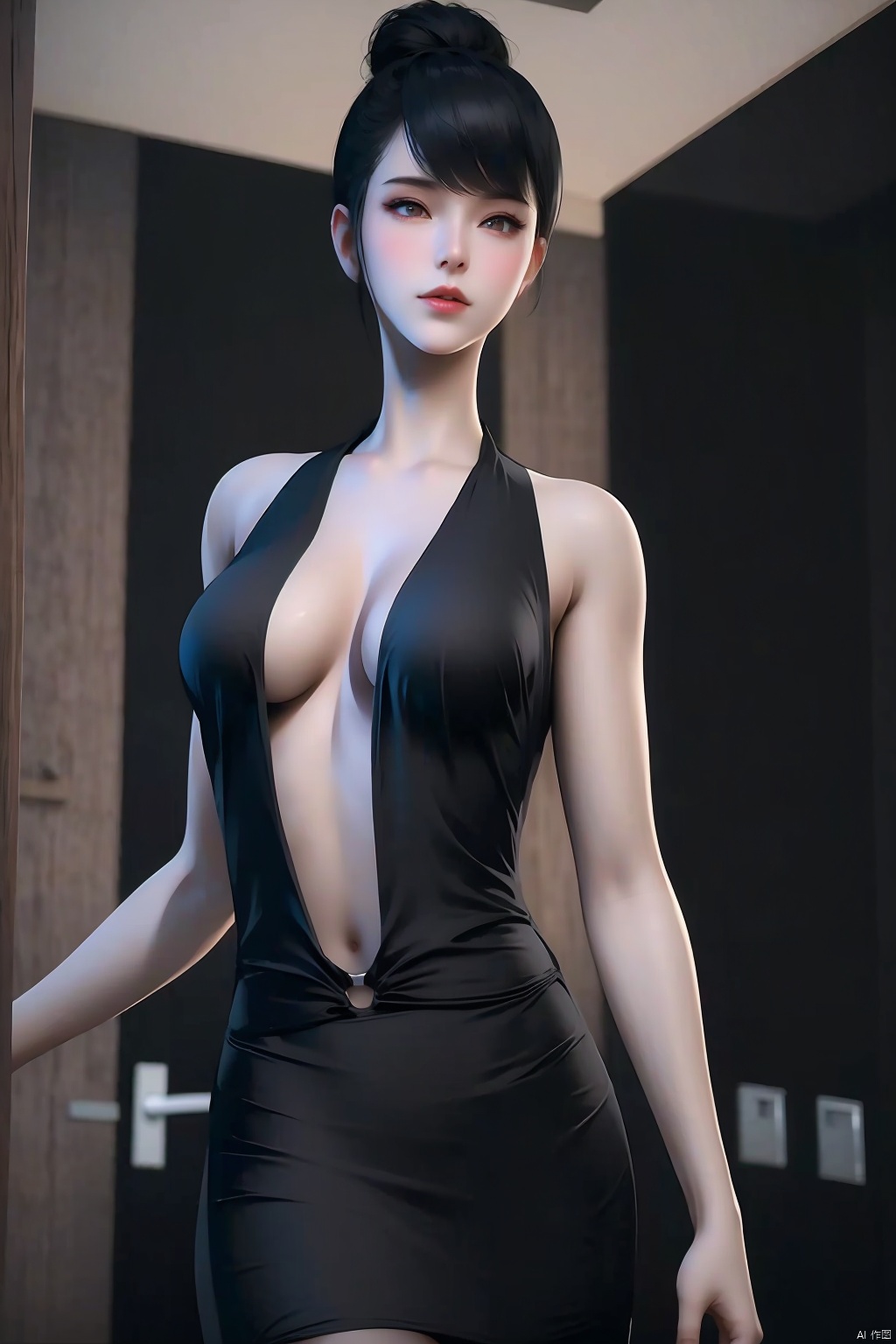 1girl
solo
breasts
looking at viewer
large breasts
black hair
dress
cleavage
bare shoulders
medium breasts
hair bun
black dress
lips
single hair bun
breasts apart
realistic
center opening
door
plunging neckline