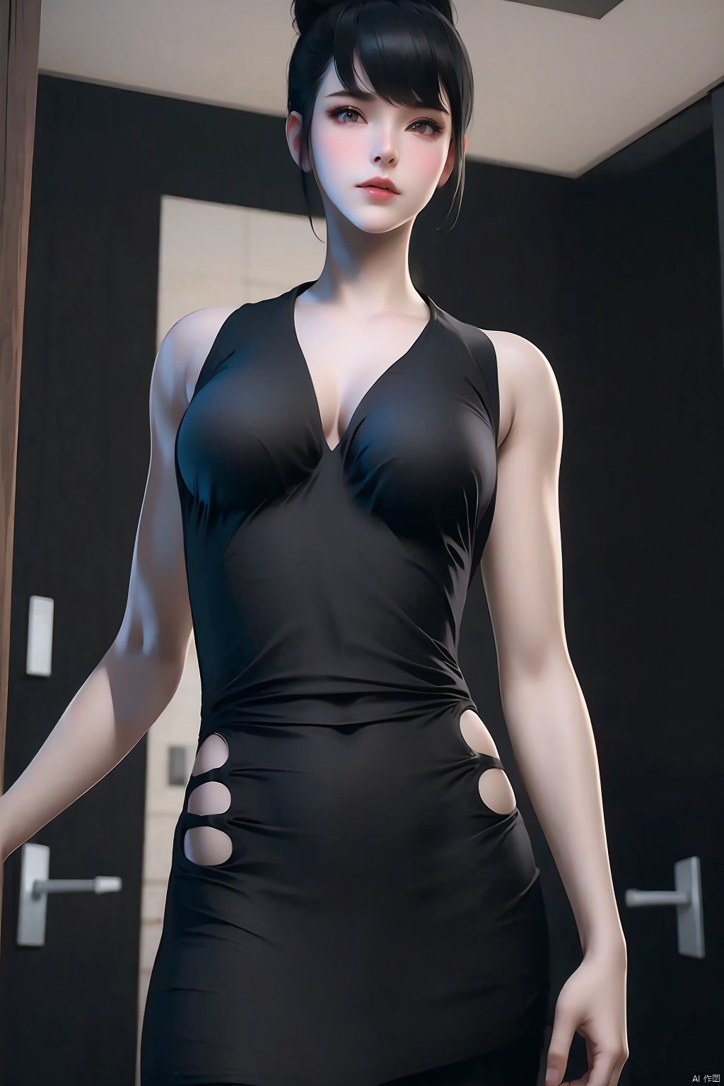 1girl
solo
breasts
looking at viewer
large breasts
black hair
dress
cleavage
bare shoulders
medium breasts
hair bun
black dress
lips
single hair bun
breasts apart
realistic
center opening
door
plunging neckline