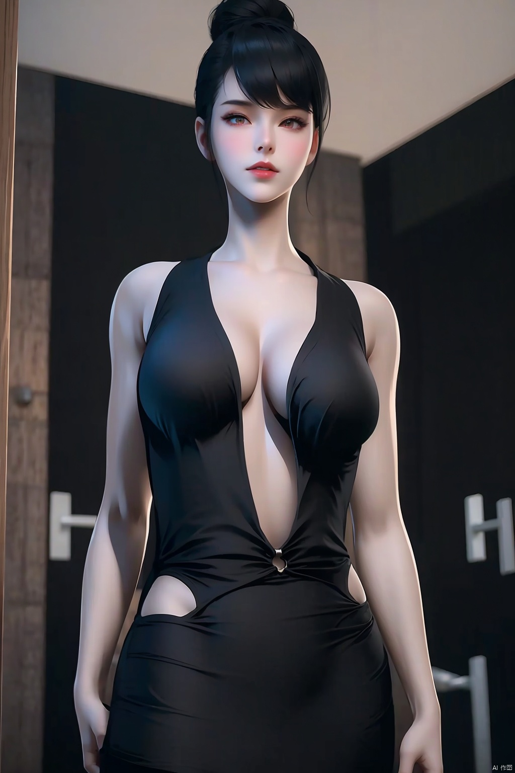 1girl
solo
breasts
looking at viewer
large breasts
black hair
dress
cleavage
bare shoulders
medium breasts
hair bun
black dress
lips
single hair bun
breasts apart
realistic
center opening
door
plunging neckline
