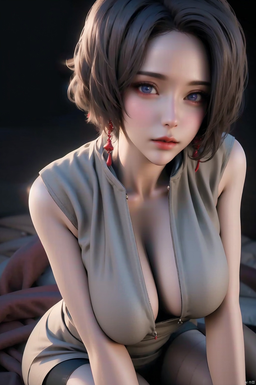 1girl solo breasts looking at viewer short hair blue eyes large breasts black hair thighhighs dress cleavage jewelry sitting earrings lips red lips