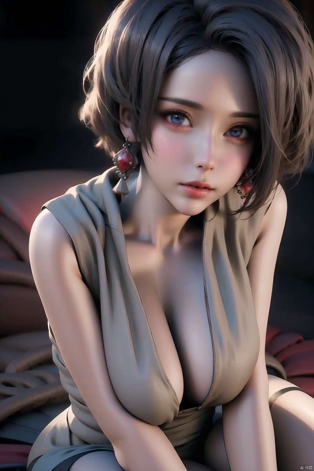 1girl solo breasts looking at viewer short hair blue eyes large breasts black hair thighhighs dress cleavage jewelry sitting earrings lips red lips