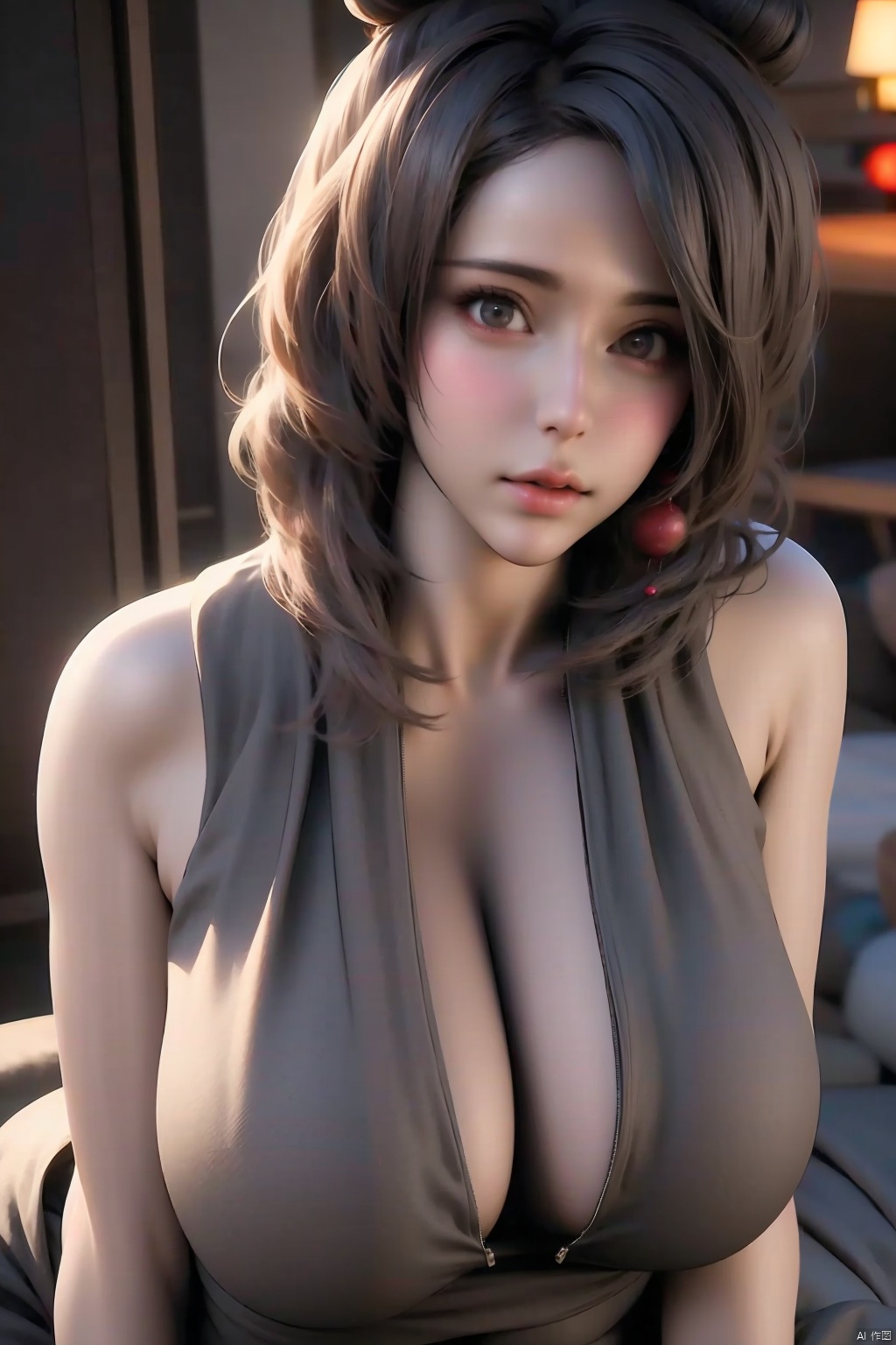 1girl
solo
breasts
looking at viewer
large breasts
black hair
dress
cleavage
bare shoulders
medium breasts
hair bun
black dress
lips
single hair bun
breasts apart
realistic
center opening
door
plunging neckline