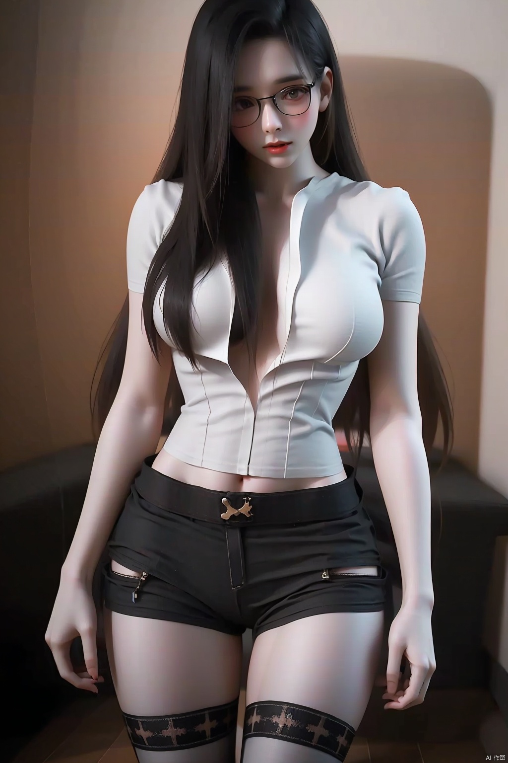 1girl solo long hair breasts looking at viewer shirt black hair thighhighs glasses shorts black thighhighs short shorts black shorts realistic red lips