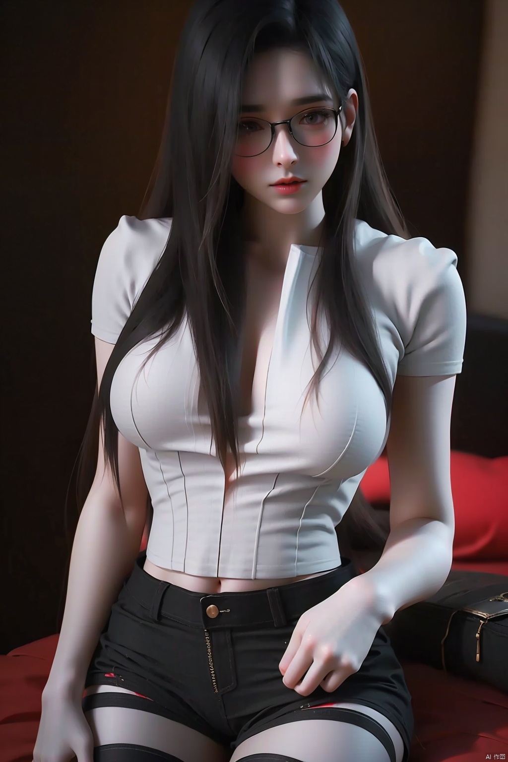 1girl solo long hair breasts looking at viewer shirt black hair thighhighs glasses shorts black thighhighs short shorts black shorts realistic red lips