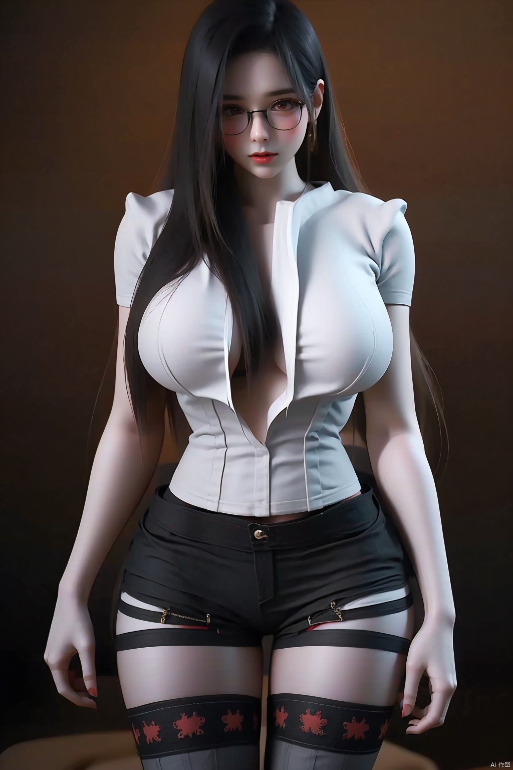 1girl solo long hair breasts looking at viewer shirt black hair thighhighs glasses shorts black thighhighs short shorts black shorts realistic red lips