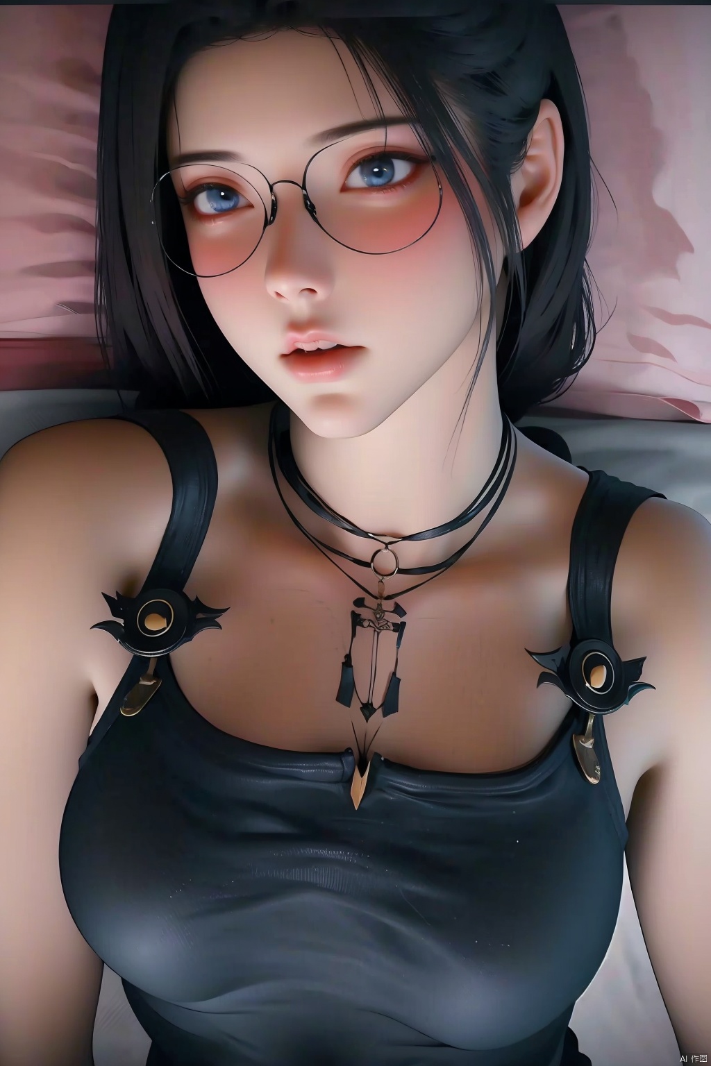 1girl
solo
long hair
breasts
open mouth
blue eyes
black hair
cleavage
bare shoulders
jewelry
upper body
glasses
teeth
necklace
lips
round eyewear