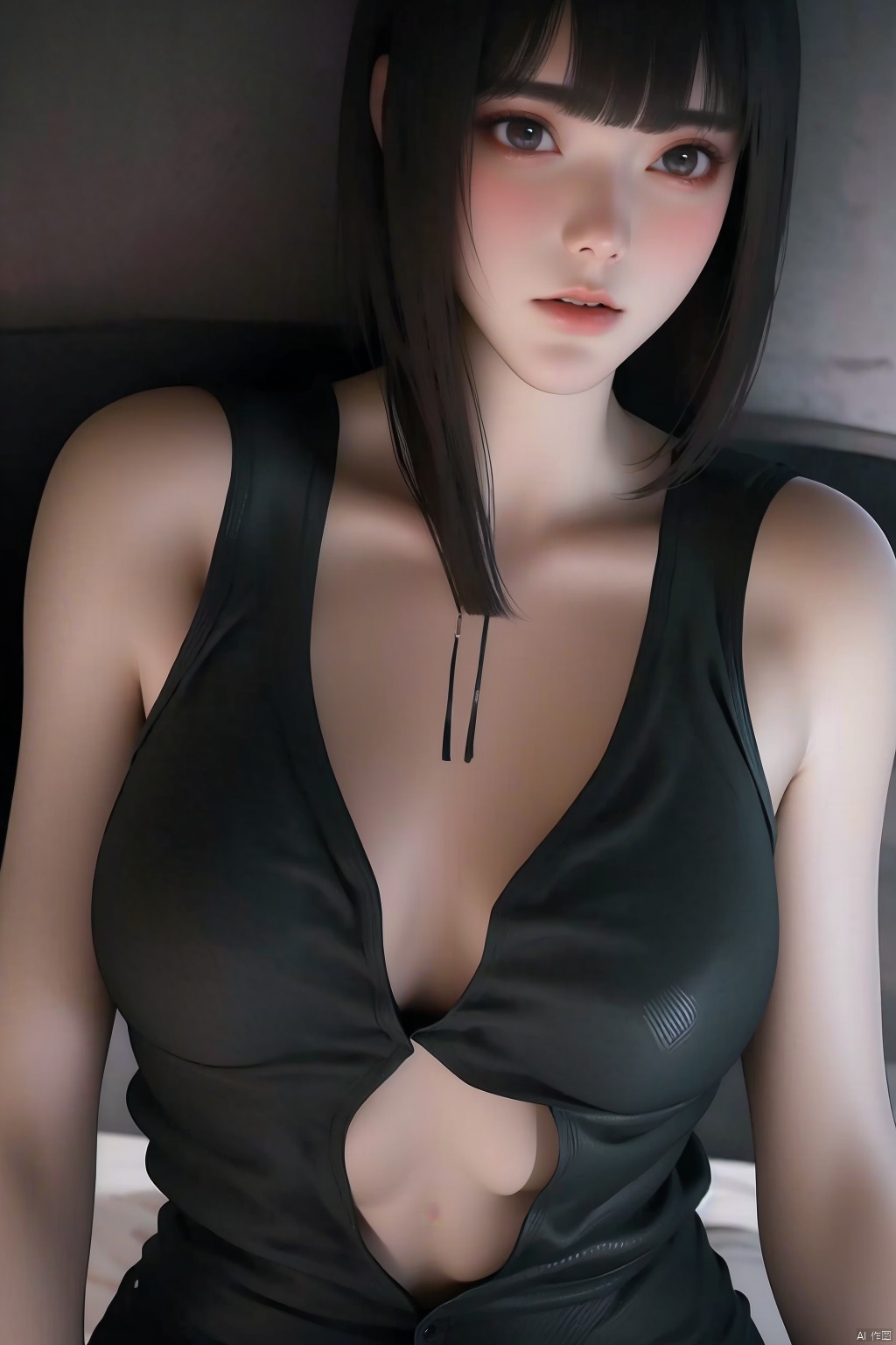  1girl  bangs  black background  black eyes  black hair  blunt bangs  bob cut  apart  cleavage  downblouse  large breasts  leaning forward  lips  looking at viewer  medium breasts  no bra  nose  open clothes  open shirt  realistic  shirt  short hair  smile  solo 