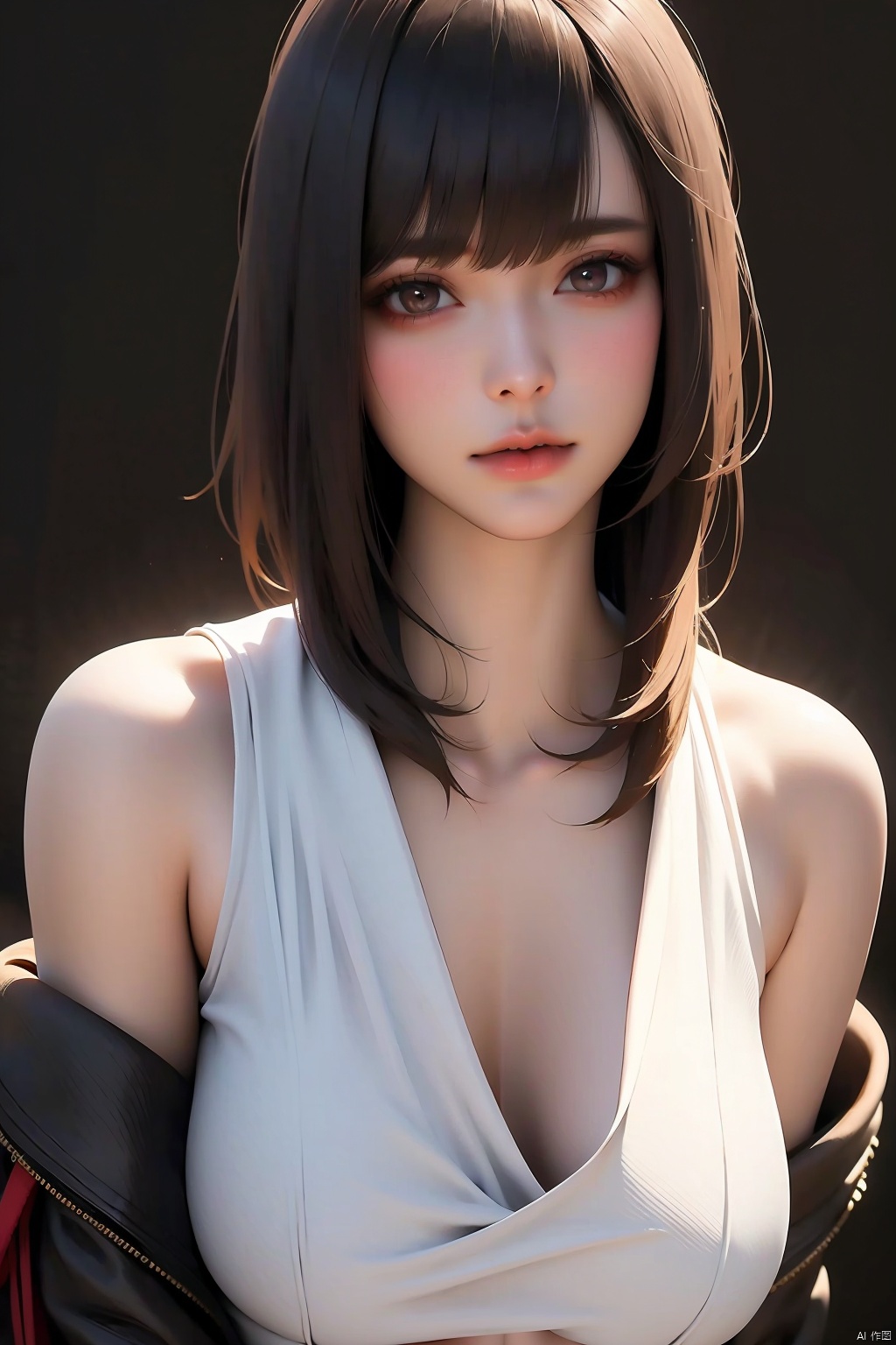  1girl  3d  arms behind back  asian  bangs  black background  black eyes  black hair  blunt bangs  bob cut  bottomless apart  brown eyes  cleavage  closed mouth  coat  collarbone       eyelashes  grey eyes  jacket  large breasts  leaning forward  light smile  lips  lipstick  long sleeves  looking at viewer  loose clothes  makeup  medium breasts  no bra  no pants  nose  off shoulder  open clothes  open shirt  oversized clothes  photo \(medium\)  photorealistic  realistic  red lips  shirt  short hair  signature  sitting  sleeves past wrists  smile  solo  standing  upper body  white shirt 