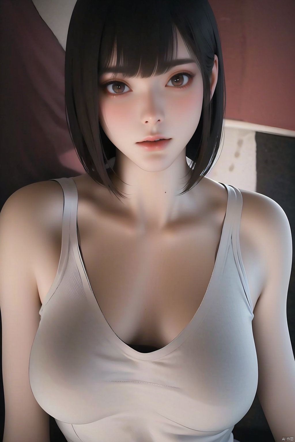  1girl  3d  arms behind back  asian  bangs  black background  black eyes  black hair  blunt bangs  bob cut  bottomless apart  brown eyes  cleavage  closed mouth  coat  collarbone       eyelashes  grey eyes  jacket  large breasts  leaning forward  light smile  lips  lipstick  long sleeves  looking at viewer  loose clothes  makeup  medium breasts  no bra  no pants  nose  off shoulder  open clothes  open shirt  oversized clothes  photo \(medium\)  photorealistic  realistic  red lips  shirt  short hair  signature  sitting  sleeves past wrists  smile  solo  standing  upper body  white shirt 