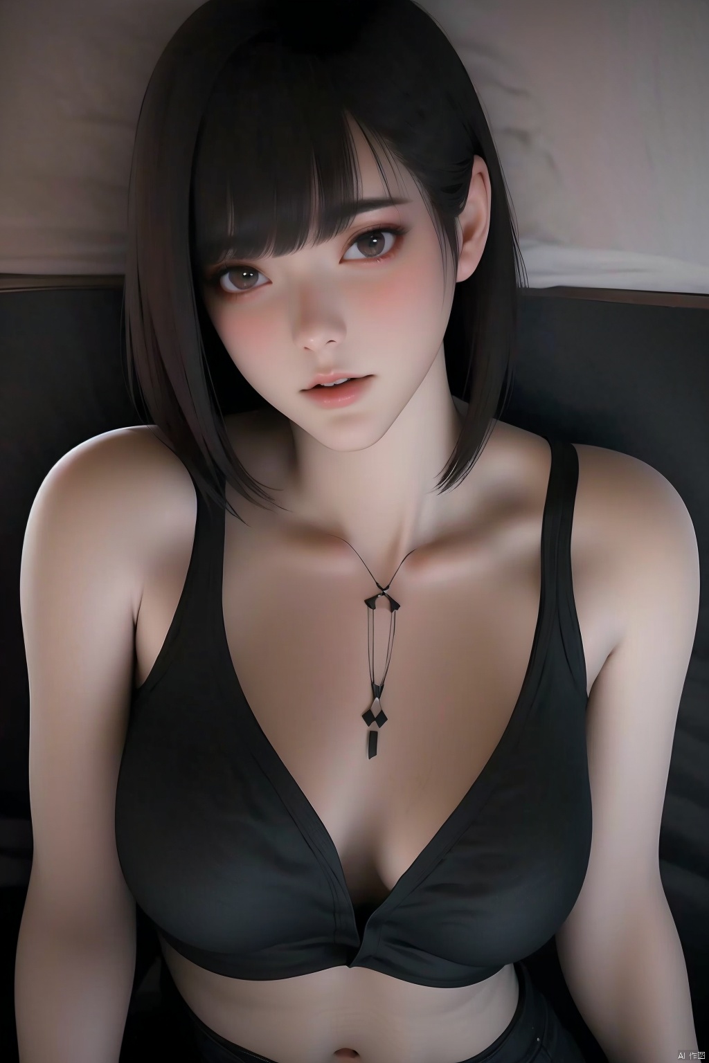  1girl  bangs  black background  black eyes  black hair  blunt bangs  bob cut  apart  cleavage  downblouse  large breasts  leaning forward  lips  looking at viewer  medium breasts  no bra  nose  open clothes  open shirt  realistic  shirt  short hair  smile  solo 