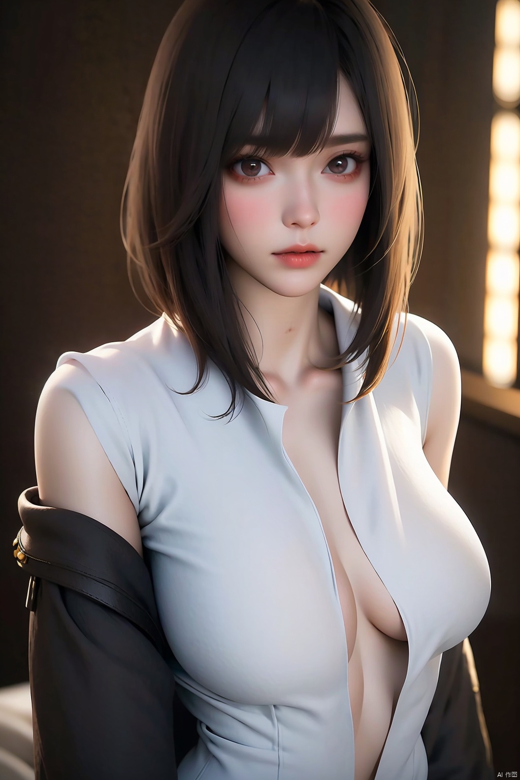  1girl  3d  arms behind back  asian  bangs  black background  black eyes  black hair  blunt bangs  bob cut  bottomless apart  brown eyes  cleavage  closed mouth  coat  collarbone       eyelashes  grey eyes  jacket  large breasts  leaning forward  light smile  lips  lipstick  long sleeves  looking at viewer  loose clothes  makeup  medium breasts  no bra  no pants  nose  off shoulder  open clothes  open shirt  oversized clothes  photo \(medium\)  photorealistic  realistic  red lips  shirt  short hair  signature  sitting  sleeves past wrists  smile  solo  standing  upper body  white shirt 