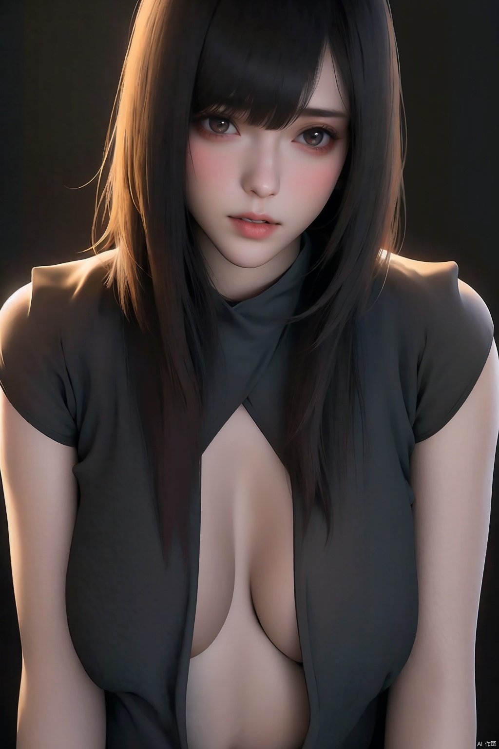  1girl  bangs  black background  black eyes  black hair  blunt bangs  bob cut  apart  cleavage  downblouse  large breasts  leaning forward  lips  looking at viewer  medium breasts  no bra  nose  open clothes  open shirt  realistic  shirt  short hair  smile  solo 