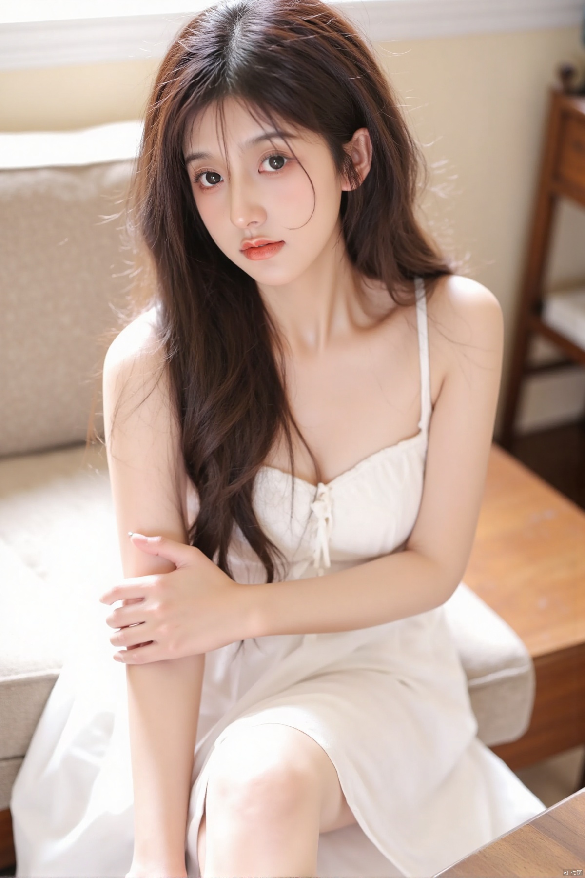 yzxyihiiaoi,1girl, solo, long hair, breasts, looking at viewer, bangs, large breasts, brown hair, dress, cleavage, bare shoulders, brown eyes, sitting, closed mouth, sleeveless, indoors, white dress, lips, couch