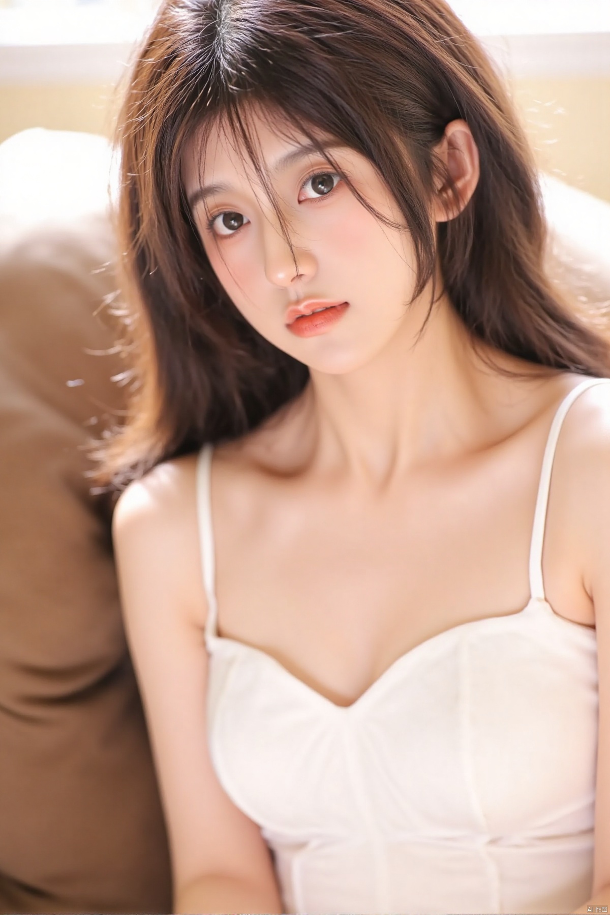 yzxyihiiaoi,1girl, solo, long hair, breasts, looking at viewer, bangs, large breasts, brown hair, dress, cleavage, bare shoulders, brown eyes, sitting, closed mouth, sleeveless, indoors, white dress, lips, couch