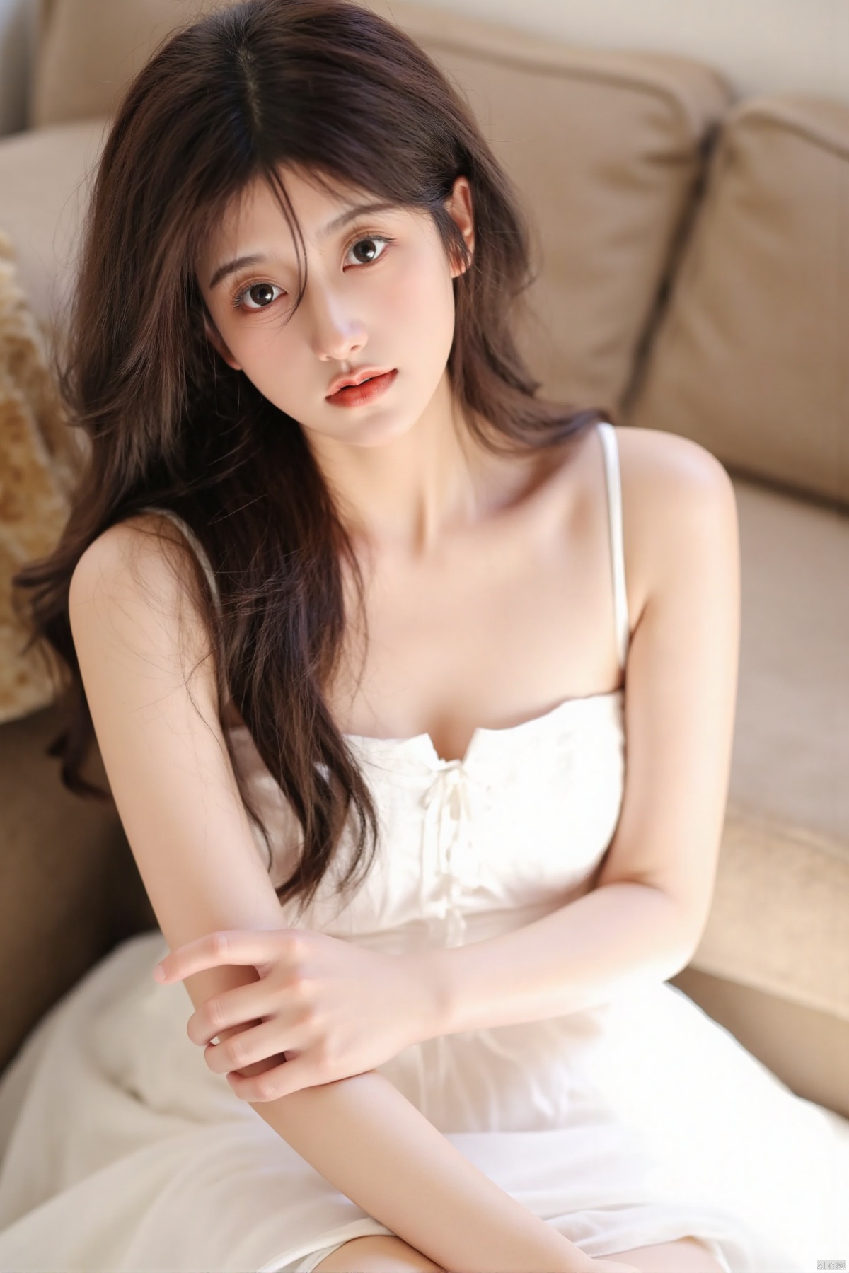 yzxyihiiaoi,1girl, solo, long hair, breasts, looking at viewer, bangs, large breasts, brown hair, dress, cleavage, bare shoulders, brown eyes, sitting, closed mouth, sleeveless, indoors, white dress, lips, couch