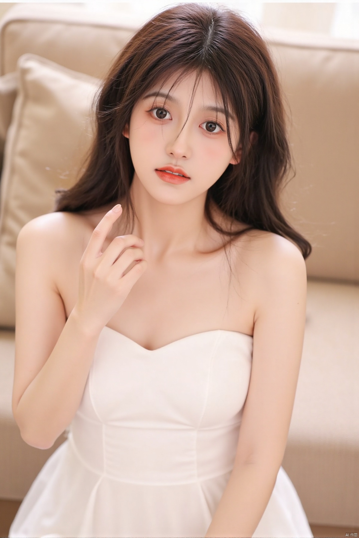 yzxyihiiaoi,1girl, solo, long hair, breasts, looking at viewer, bangs, large breasts, brown hair, dress, cleavage, bare shoulders, brown eyes, sitting, closed mouth, sleeveless, indoors, white dress, lips, couch