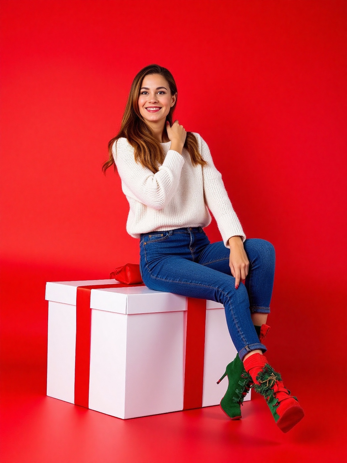 christmas,  christmas theme,  A woman is sitting on top of a white box. The box has a red ribbon tied around it with a red...