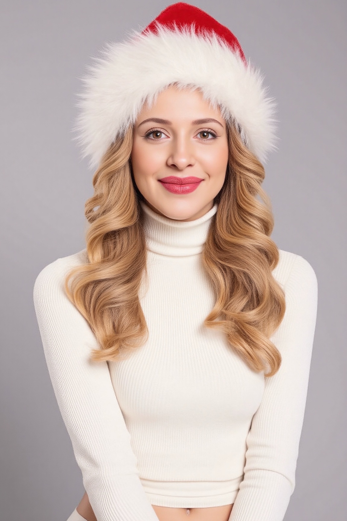 christmas,  christmas theme,  A woman is standing in front of a gray wall. She is wearing a white turtleneck. The woman ha...