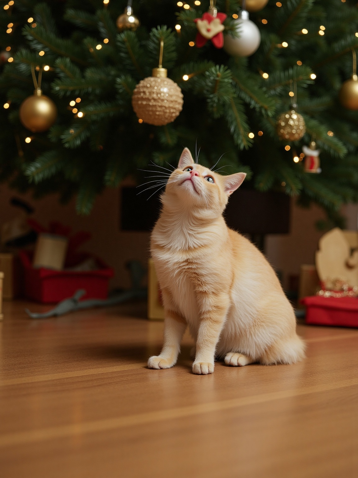 christmas,  christmas theme,  A cat is sitting on a hardwood floor in front of a Christmas tree. The Christmas tree is gre...