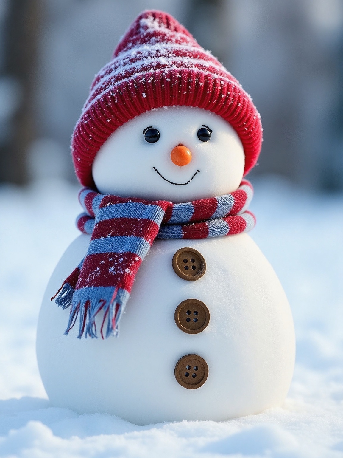 christmas,  christmas theme,  A small snowman is standing in the snow. The snowman has a red and blue scarf around its nec...